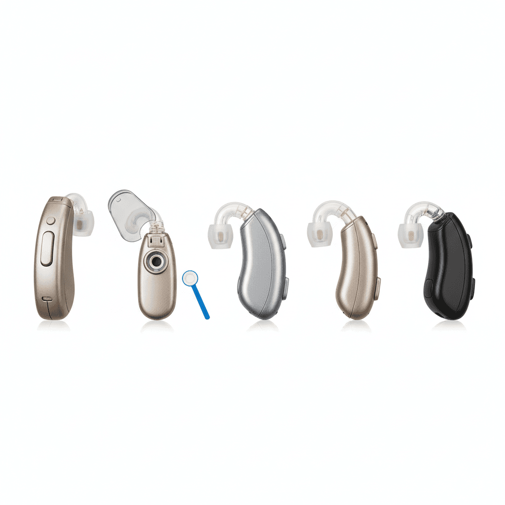 Various hearing aids aligned with visible wax filters, one open showing filter slot.
