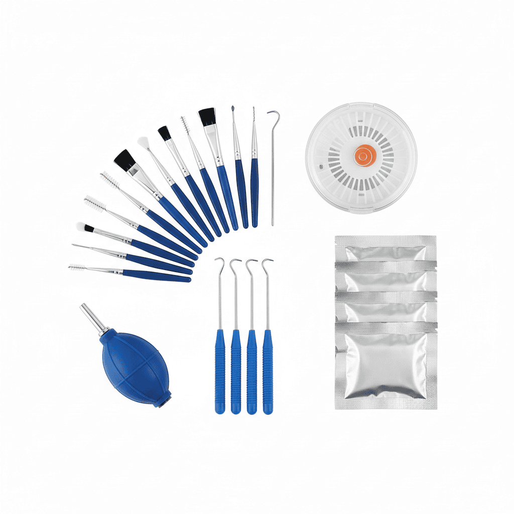 Hearing aid cleaning tools including brushes and vent cleaners on a white background