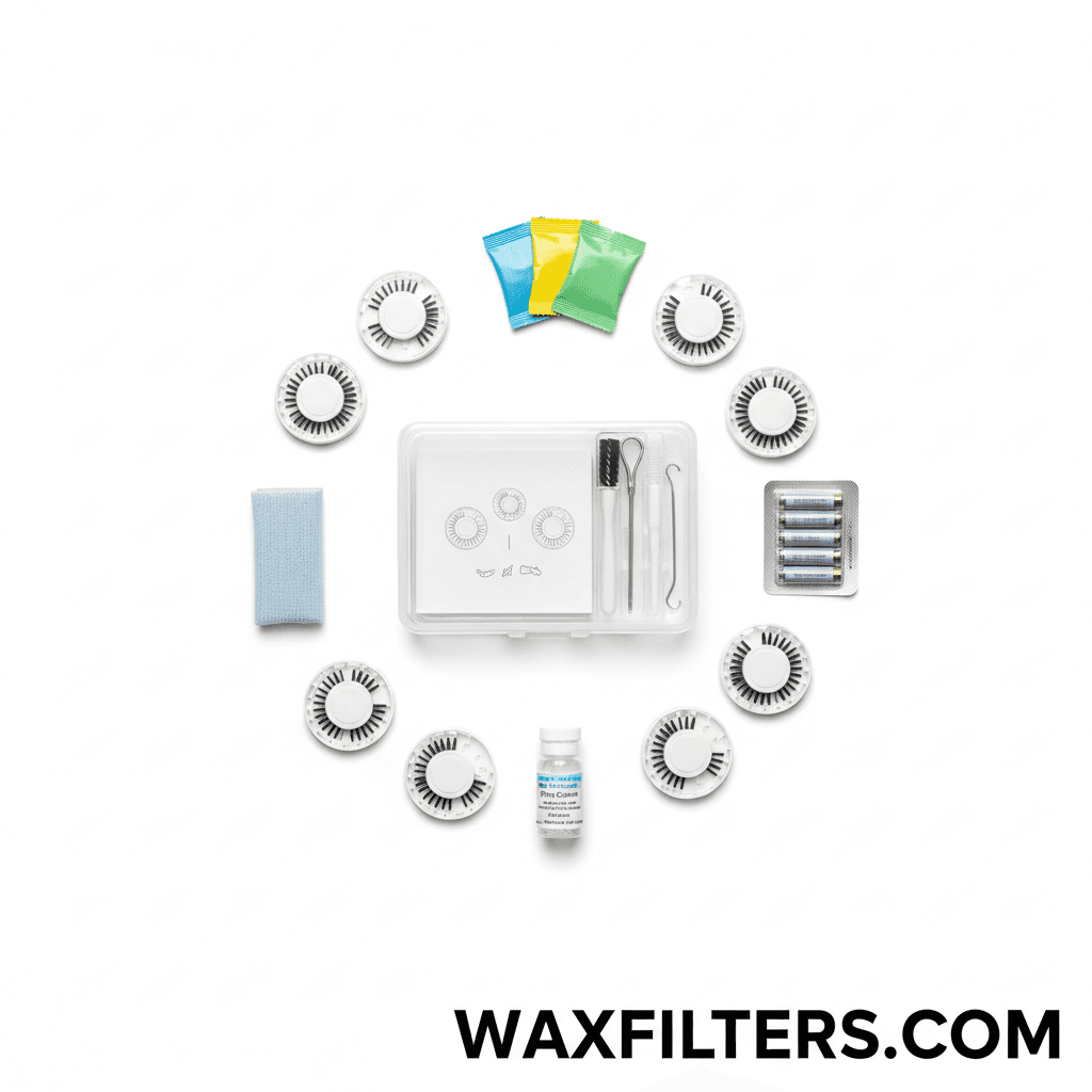 Hearing aid starter kit with components like wax filters and cleaning tools on a white background