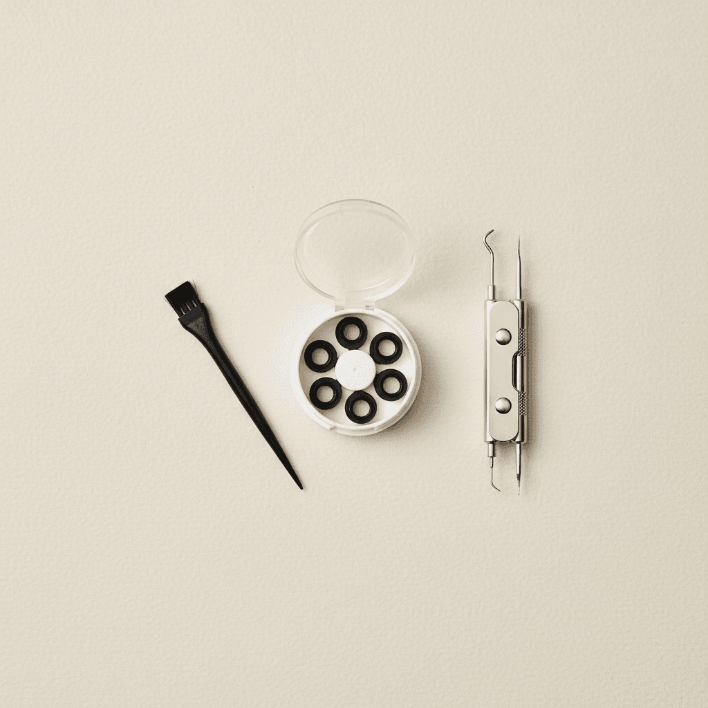 Flat lay of hearing aid maintenance kit with wax filters, brush, and multi-tool on a light surface.