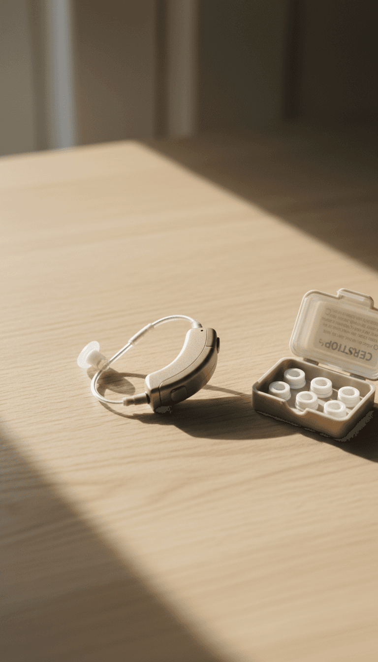 Hearing aid with a pack of wax filters on a desk