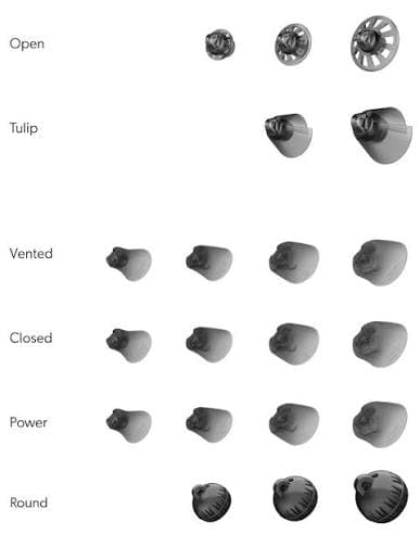 Hearing aid dome styles: open, tulip, vented, closed, power, and round, shown in various sizes.