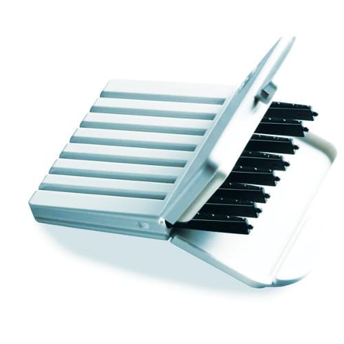 A silver metallic storage case with a ribbed exterior and black internal dividers, partially open.