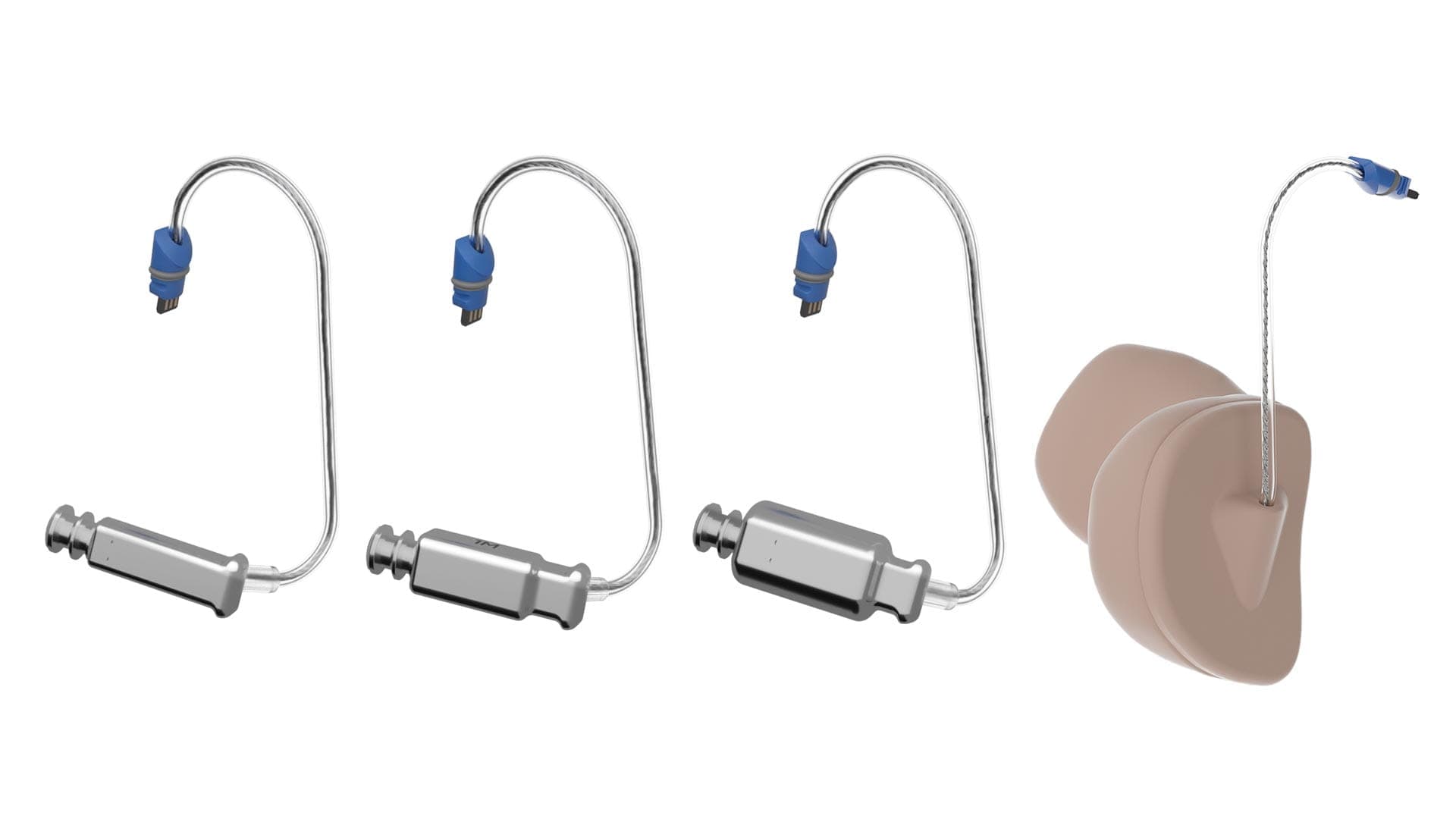 Three metallic hearing aid receivers with blue tips and a tan custom ear mold.