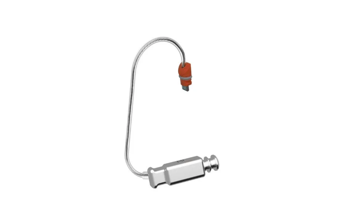 Silver hearing aid receiver-in-canal wire with a red connector and a metallic speaker unit.
