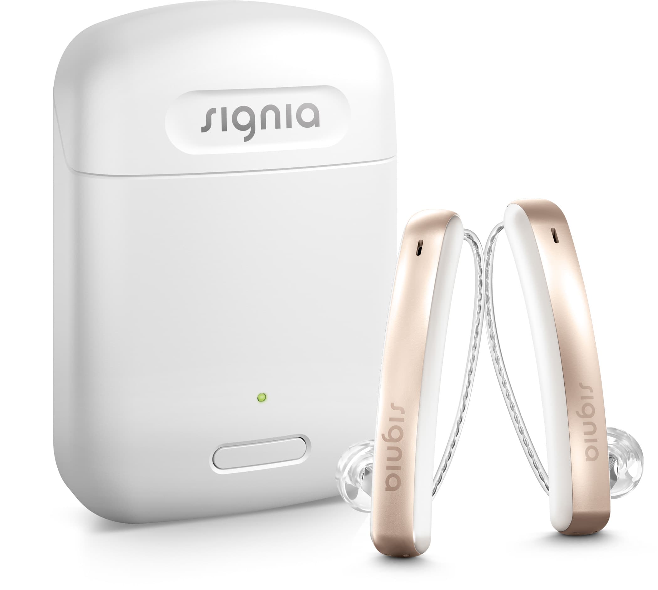 Sleek rose gold Signia hearing aids standing next to a white portable charging case.